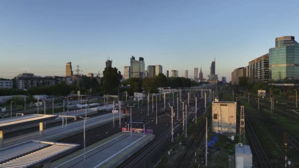Aerial Panorama Warsaw City Sunset View Warsaw West Train Station — Video