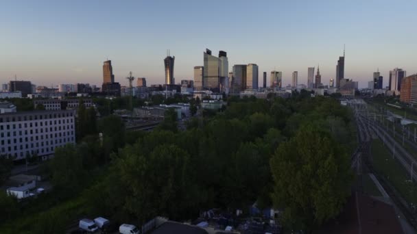 Aerial Panorama Warsaw City Sunset View Warsaw West Train Station — Wideo stockowe