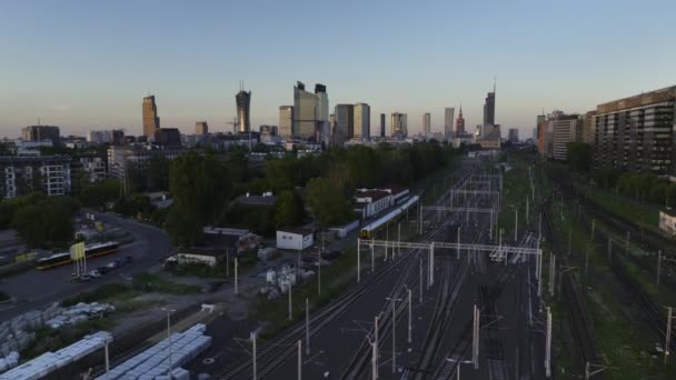 Aerial Panorama Warsaw City Sunset View Warsaw West Train Station — Wideo stockowe