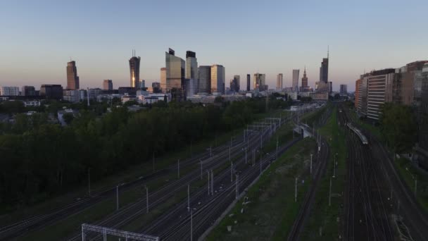 Aerial Panorama Warsaw City Sunset View Warsaw West Train Station — Wideo stockowe