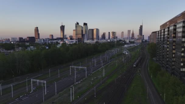 Aerial Panorama Warsaw City Sunset View Warsaw West Train Station — Vídeos de Stock