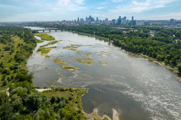 Warsaw City Panorama Vistula River Summer Time Low Water Level — Stockfoto