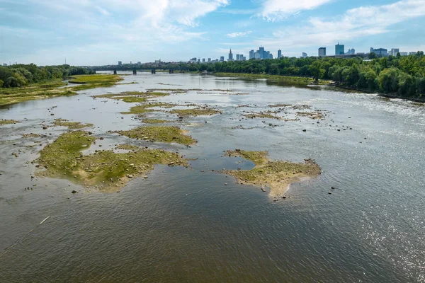 Warsaw City Panorama Vistula River Summer Time Low Water Level — Stok Foto