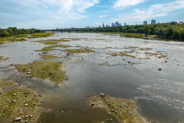 Warsaw City Panorama Vistula River Summer Time Low Water Level — Foto Stock