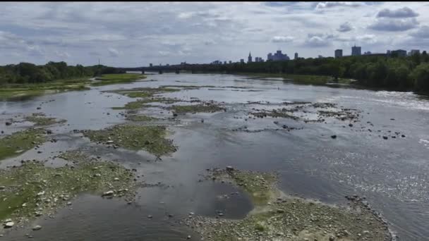 Warsaw City Panorama Vistula River Summer Time Low Water Level — Stock Video