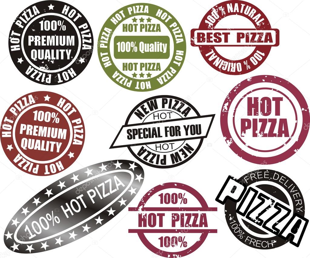 Pizza grunge stamp set in red, black and green color