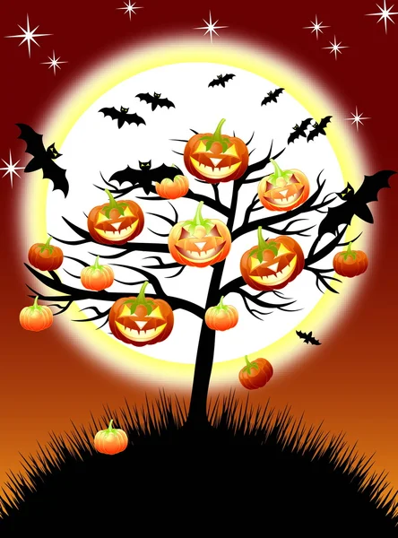 Halloween-Kürbisbaum auf nächtlichem Hintergrund mit Mond, Eps10 — Stockvektor