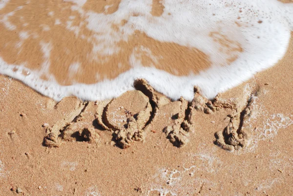 Sand number 2014 on beach with wave — Stock Photo, Image