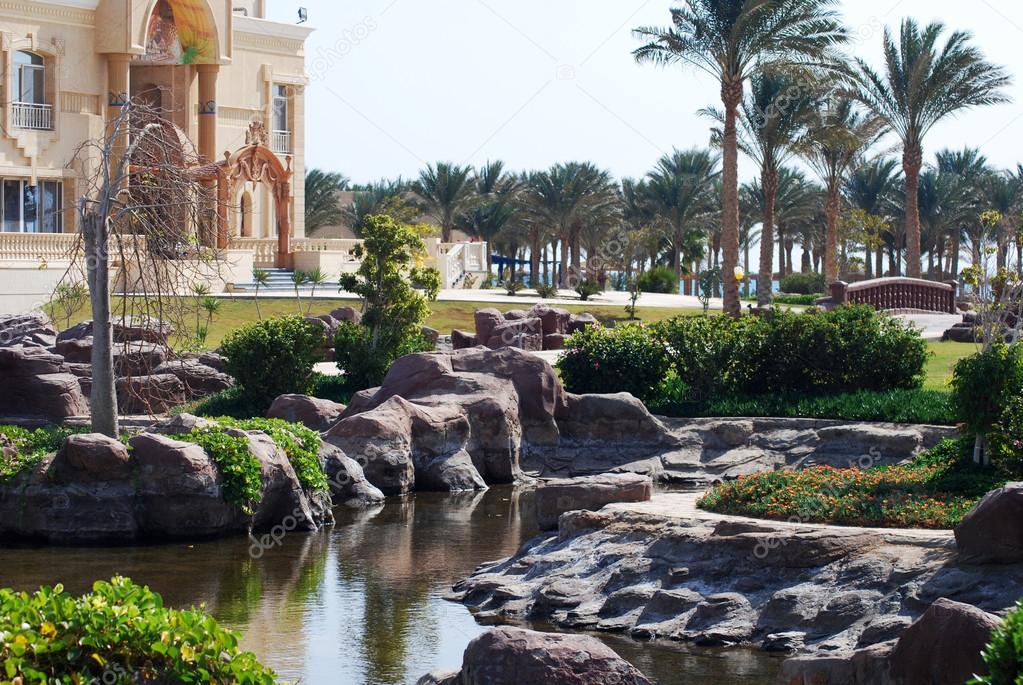beautiful egyptian hotel with landscape design at a building