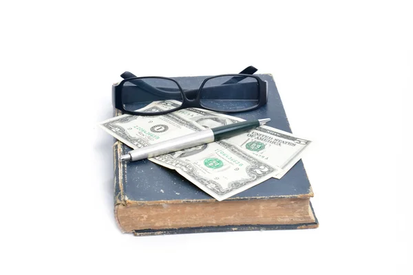 Old books with eye glasses and money — Stock Photo, Image