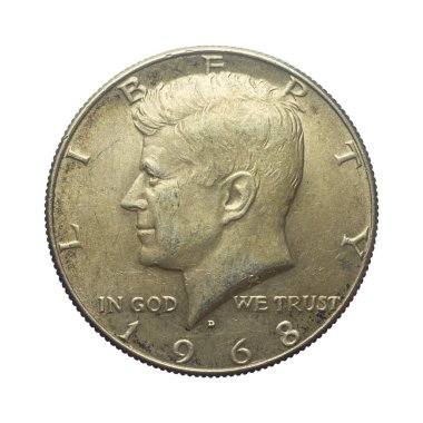 Beyaz arka planda izole edilmiş eski bir Amerikan dolarının her iki tarafı. John F. Kennedy