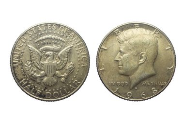 Beyaz arka planda izole edilmiş eski bir Amerikan dolarının her iki tarafı. John F. Kennedy