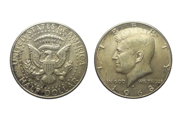 Both Sides Old Half Dollar Isolated White Background John Kennedy — Stockfoto