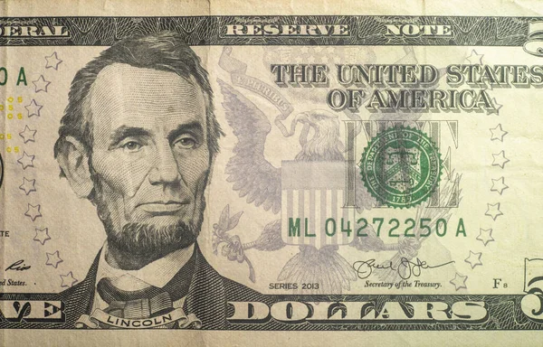 Fünf Dollar Schein Nahaufnahme Abraham Lincoln Porträt Geldschein Der Vereinigten — Stockfoto