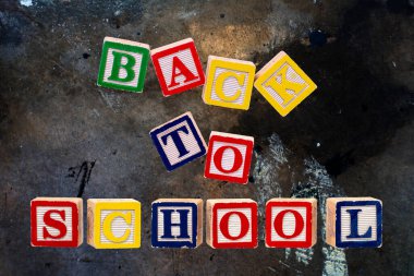 Tahta bloklar halinde alfabe, okula dönüş beton duvar arka planında izole edilmiş..