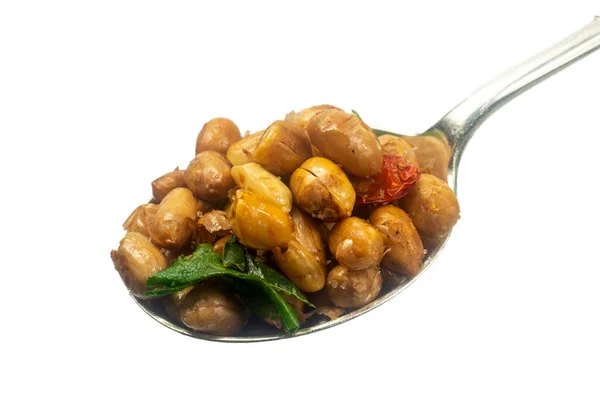 Herb Roasted Peanuts Silver Spoon White Background Contains Peanuts Dried — Stock Photo, Image