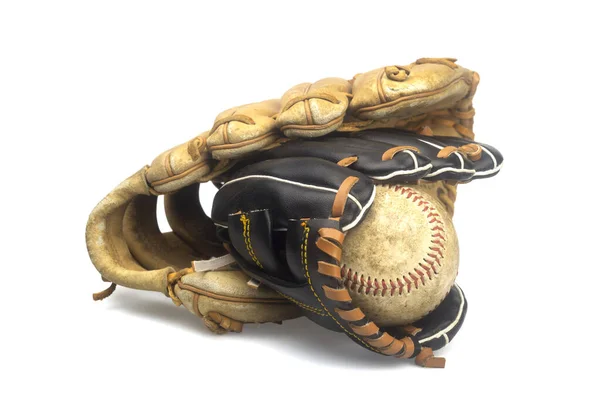 Child Baseball Glove Adult Baseball Glove Isolated White Background Family — Stock Photo, Image