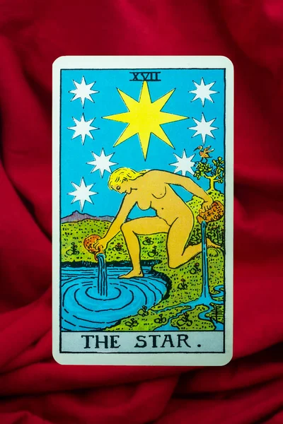 Star Tarot Card Rider Waite Deck Red Fabric Background — Stock Photo, Image