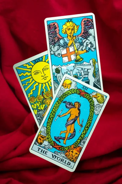 Mundo Juicio Sol Tarot Carta Jinete Baraja Espera Sobre Fondo — Foto de Stock