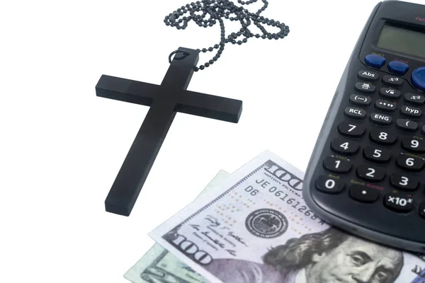 Black Christian Cross Necklace Dollar Banknotes Calculator Isolated White Background — Stockfoto