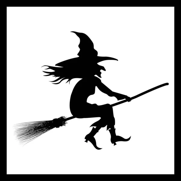 Halloween Silhouette Witch Hat Broom Fly Vector Illustrations — Stock Vector
