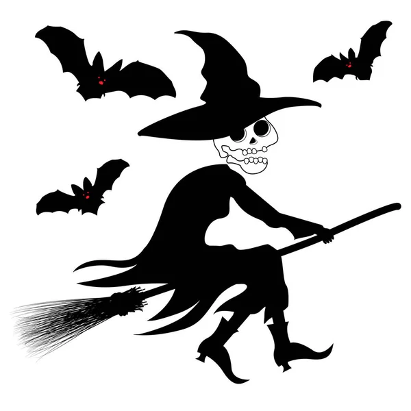 Silhouette Skull Witch Flying Broomstick Bats Halloween Signs Symbols Vector — Stock Vector