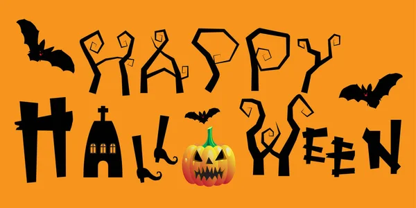 Happy Halloween Pumpkin Bats Isolated Orange Background Festive Title Greeting — Stock Vector