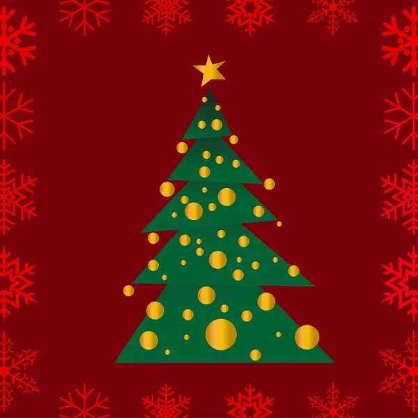 Christmas Tree Has Golden Decorations Red Background Merry Christmas Happy — Stock Vector