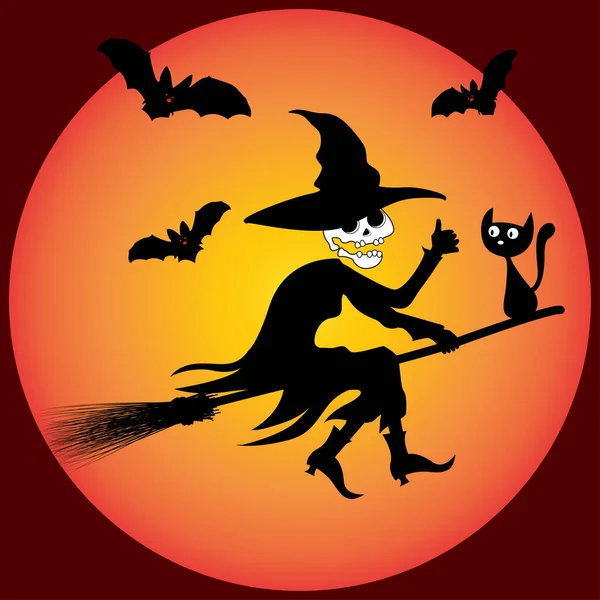 コウモリや猫とブロムスティックで飛んで頭蓋骨の魔女 ハロウィンのシンボル ベクターイラスト — ストックベクタ