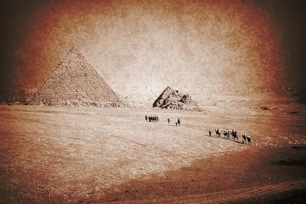 Camello caravana que se mueve a la pirámide — Foto de Stock