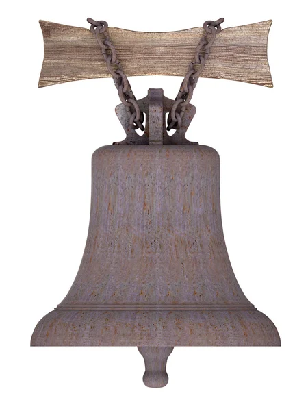 Rusty ship's bell suspended on wooden board by rusty chain — Stock Photo, Image