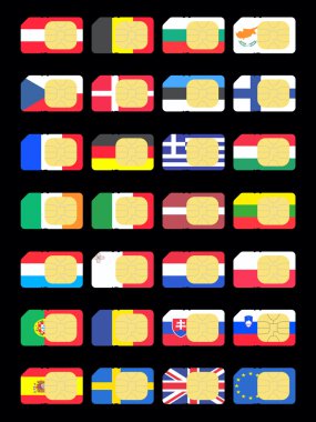 Avrupa Birliği ülkelerinin bayrakları temsil edilen SIM kartlar