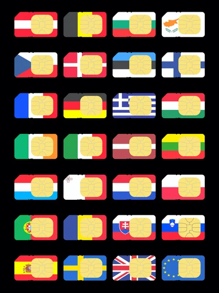 Tarjetas SIM representadas como banderas de los países de la Unión Europea — Foto de Stock