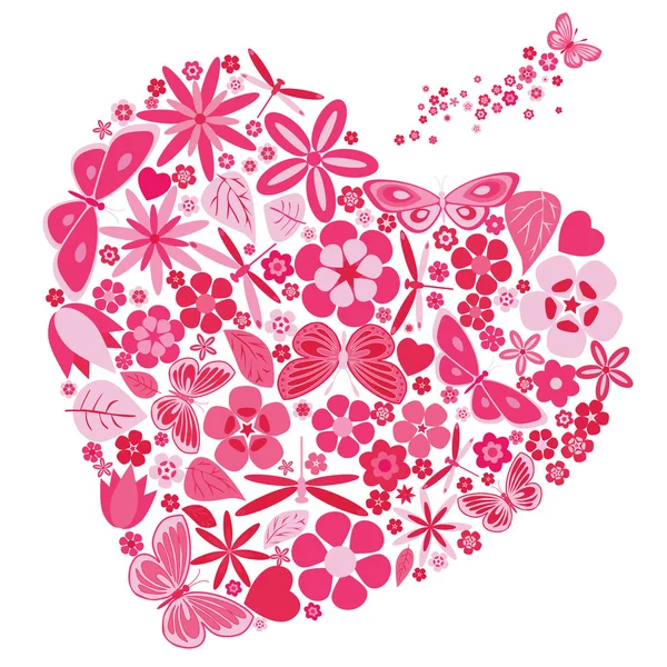 Corazón de vacaciones con flores y mariposas — Vector de stock