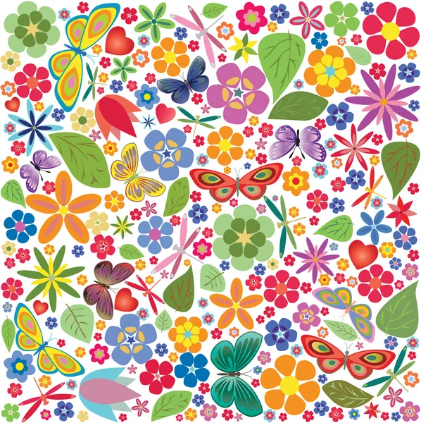 Çiçekler ve kelebekler renkli desen — Stok Vektör