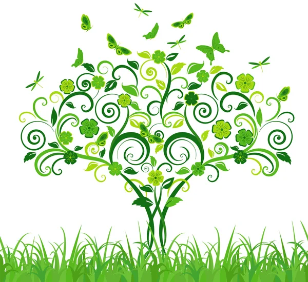 Drzewa zielone koronki z motylami — Wektor stockowy