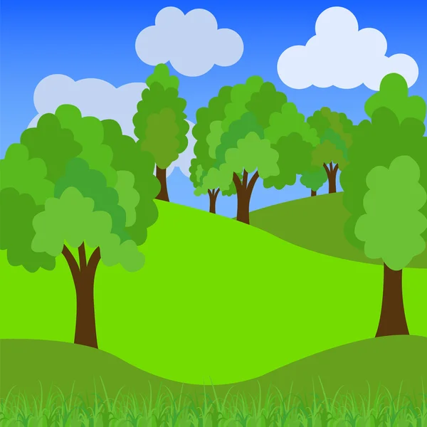 Nonurbanscenics, green field and trees, cloudscape — Stock Vector