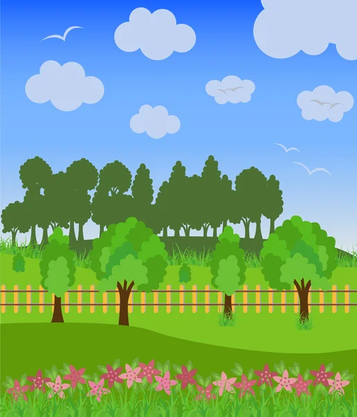 Non urbanscenics, green field and trees, cloudscape — Stock Vector