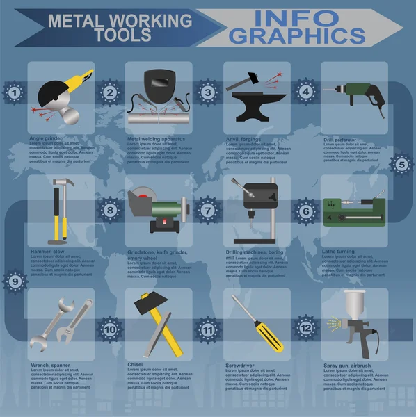 Uppsättning av metallbearbetning verktyg infographics — Stock vektor