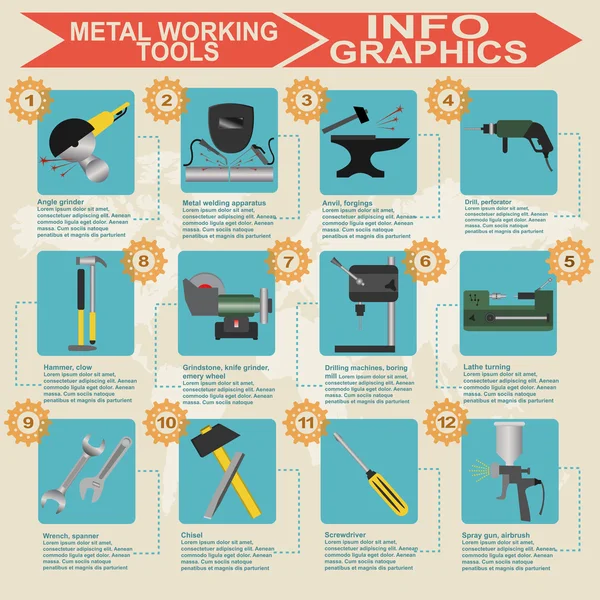 Uppsättning av metallbearbetning verktyg infographics — Stock vektor