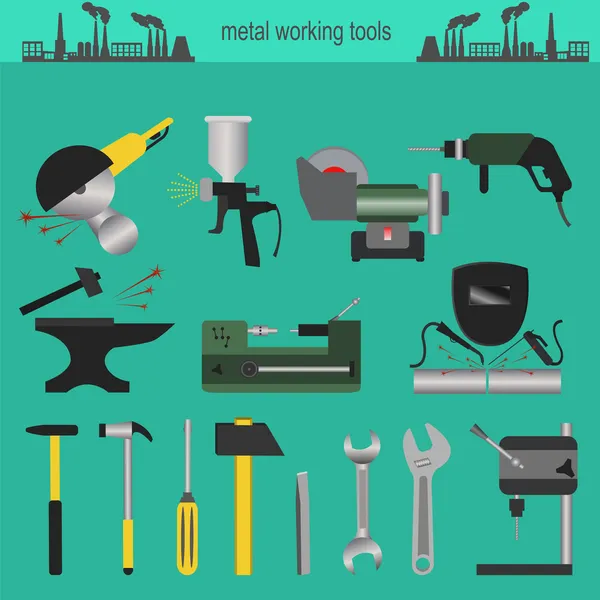 Ensemble d'icônes de la métallurgie, outils de travail des métaux — Image vectorielle