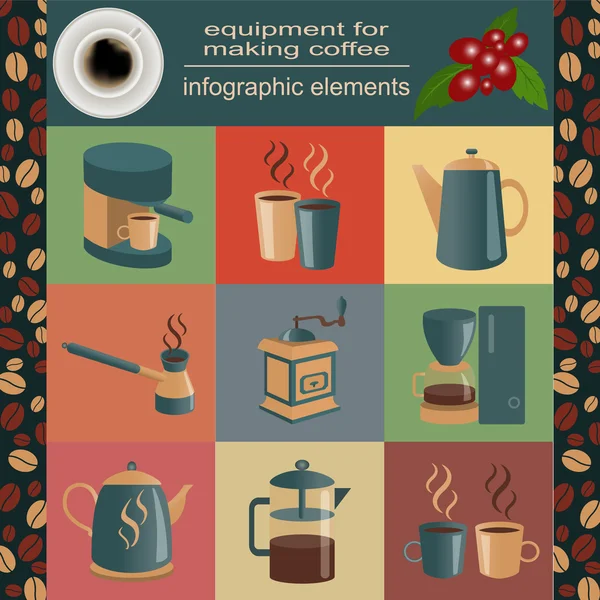 Apparatuur voor het maken van koffie, set infographics elementen — Stockvector