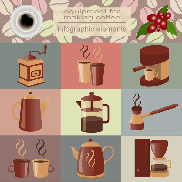 Sprzęt do produkcji kawy, zestaw elementów Infografika — Wektor stockowy