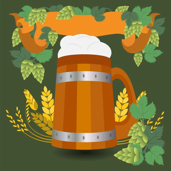 Barrel mug with wheat and hops — Stock Vector