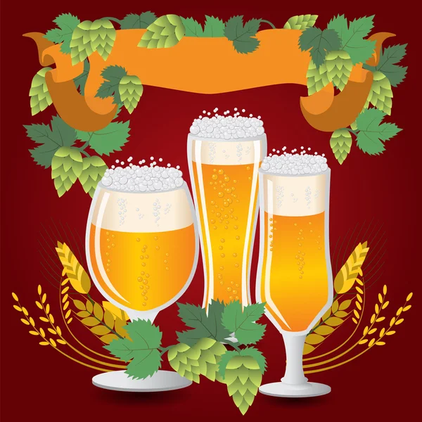 Gläser Bier mit Weizen und Hopfen — Stockvektor