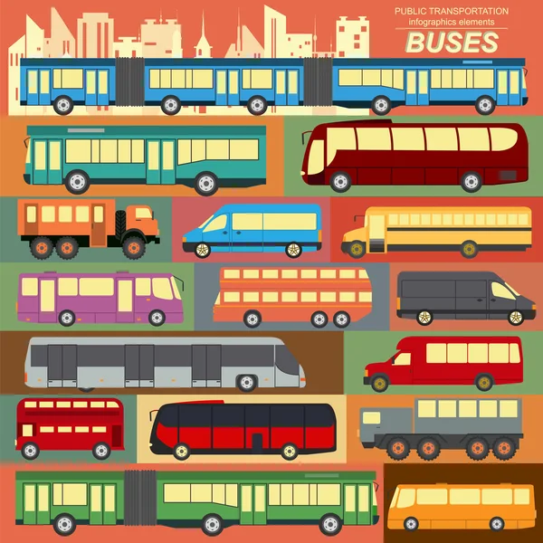 Transporte público, autobuses. Establecer elementos infografías — Vector de stock