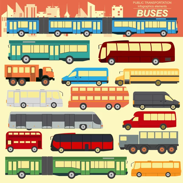 Transporte público, autobuses. Establecer elementos infografías — Vector de stock