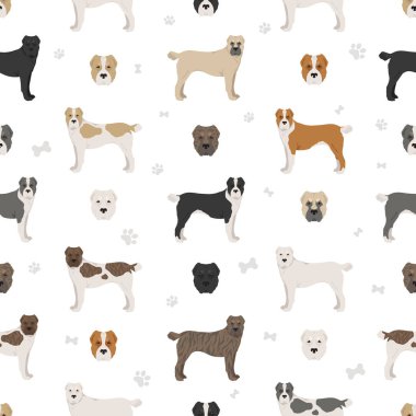 Orta Asya çoban köpeği desenli. Farklı pozlar, farklı renkler. Vektör illüstrasyonu