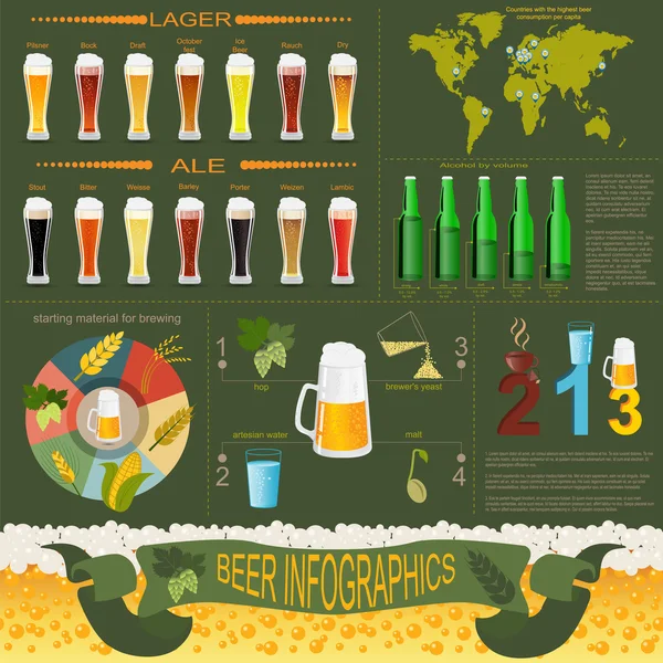 Infografías de cerveza, elementos establecidos, para crear su propia infografía — Archivo Imágenes Vectoriales