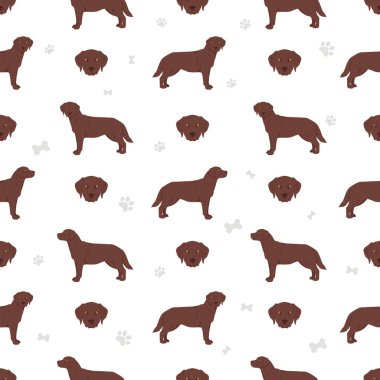 Labrador av köpekleri farklı pozlarda ve ceket renklerinde pürüzsüz desenler. Vektör illüstrasyonu